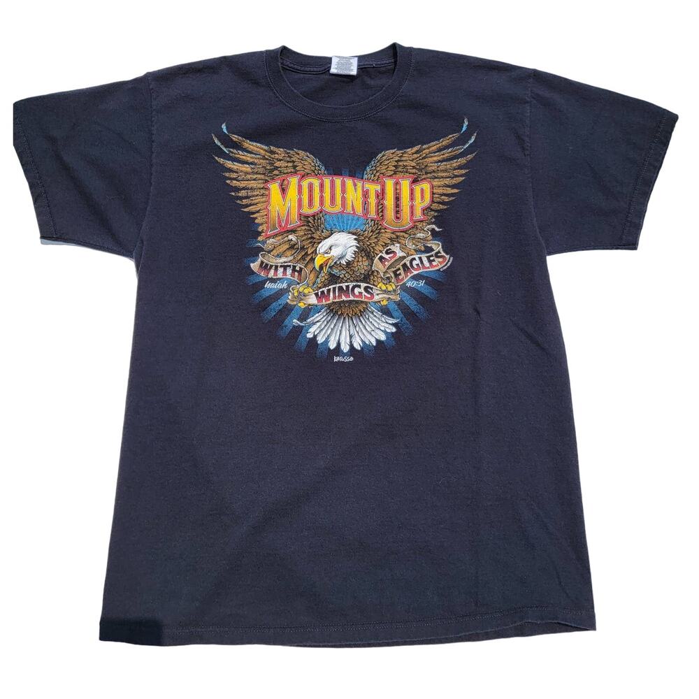 Mount Up With Wings as Eagles T-Shirt Men's Large Isaiah 4:31 Black Motorcycle